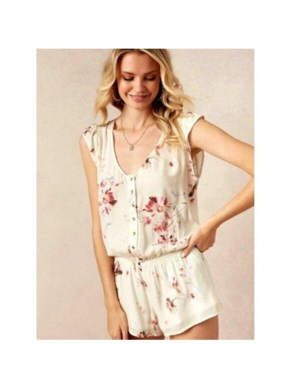 Beach Bunny Niko Floral Romper Beige V-Neck Button Front